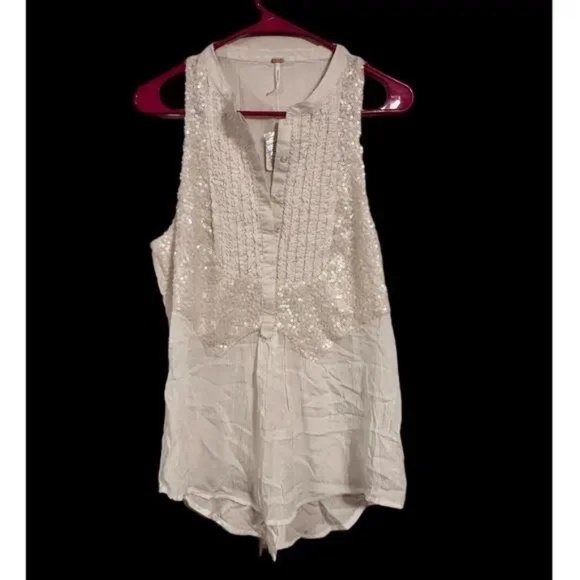 Free People Cream Sequin Tank Top - Picture 1 of 7